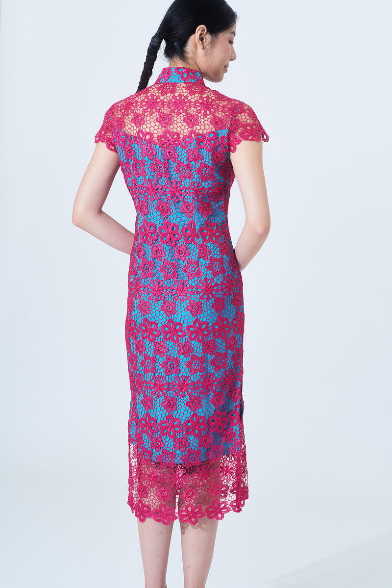 Yi-ming MARTHA 碎花蕾絲紫色水綠色長款旗袍