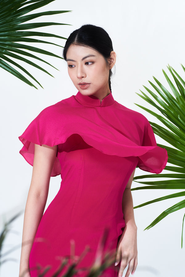 MELISSA Silk Chiffon Cape Cheongsam (Fuchsia)