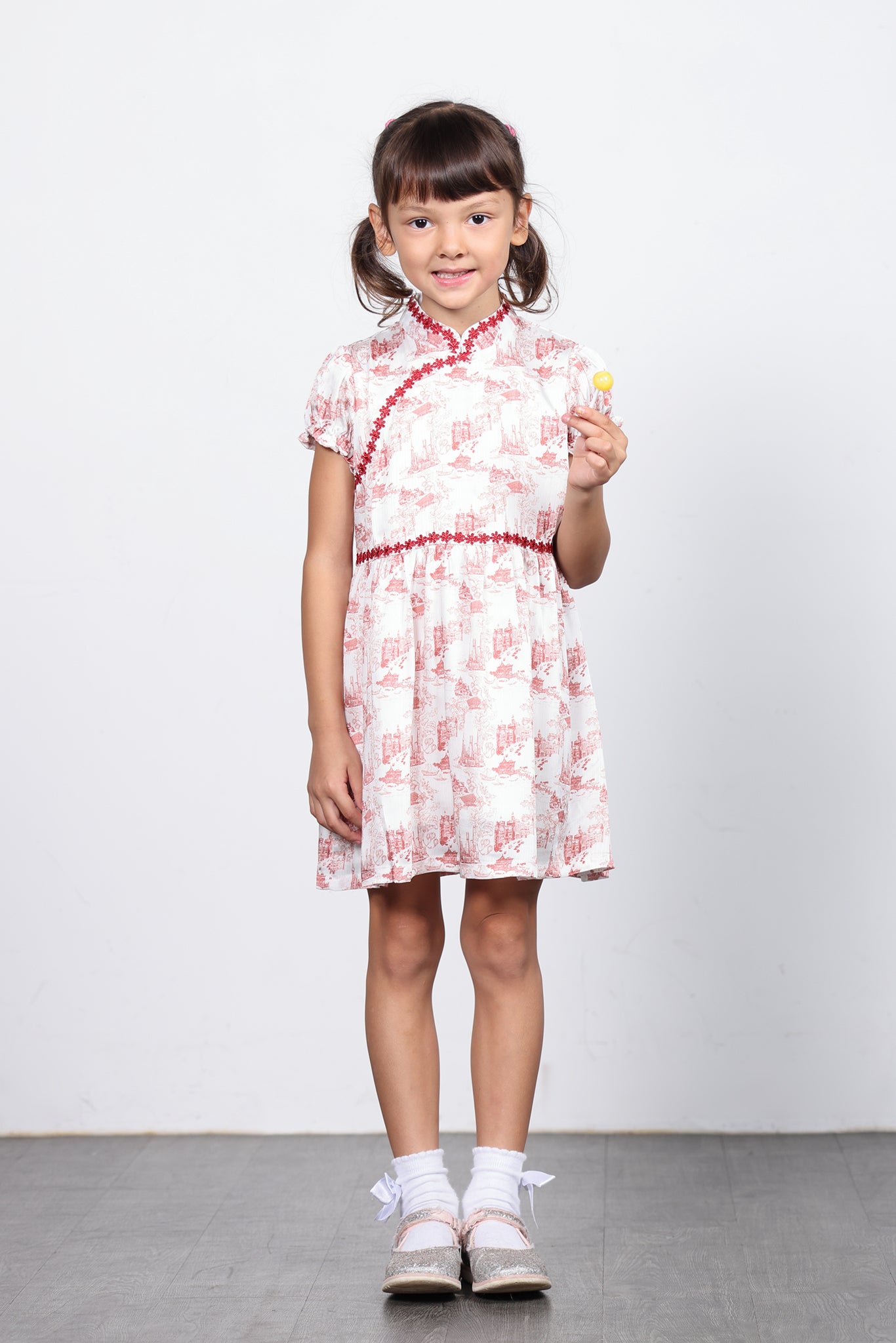 MIMI Kids Shanghai Print Gathered Dress (Red)