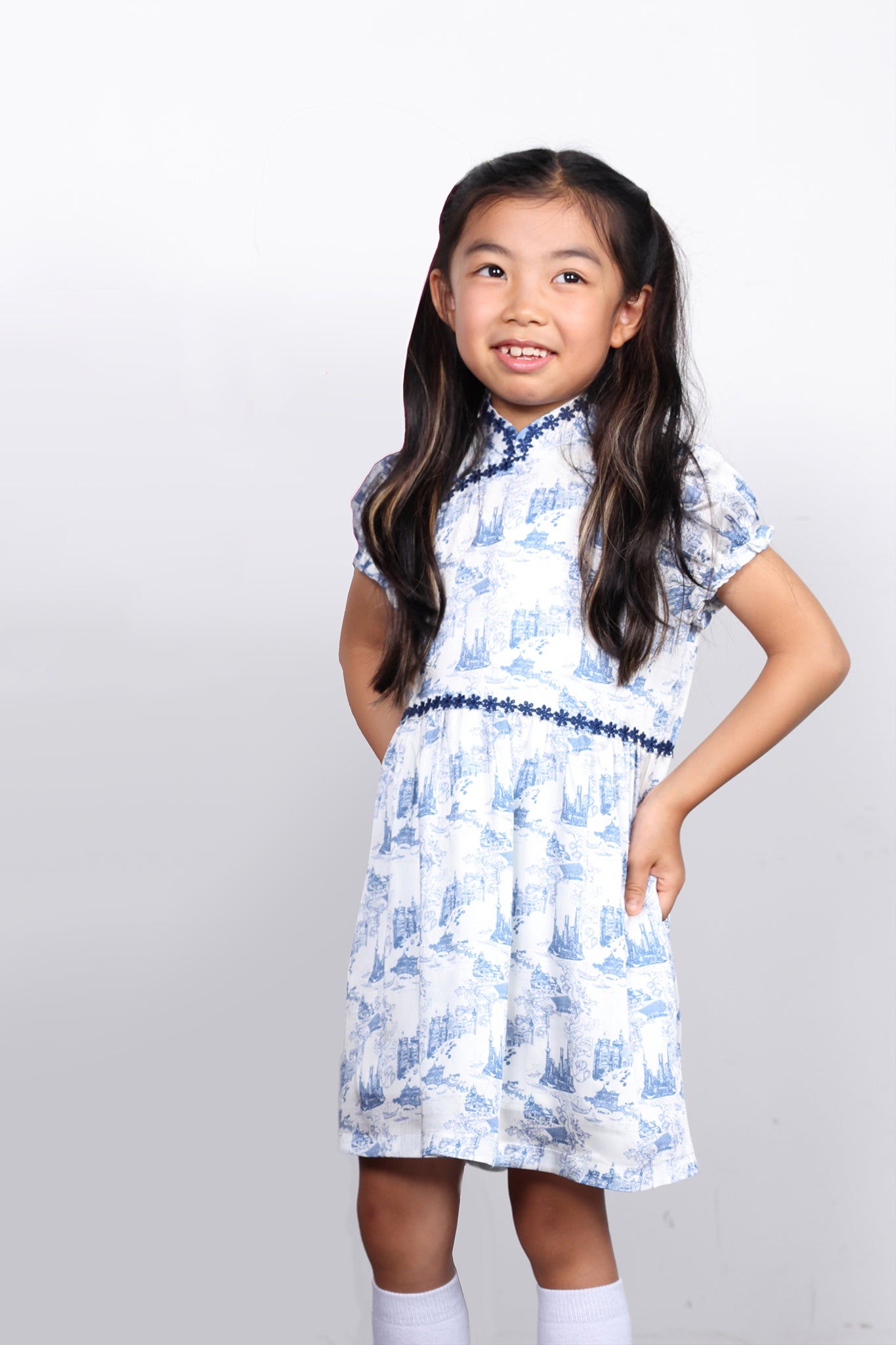 MIMI Kids Shanghai Print Gathered Dress (Navy)