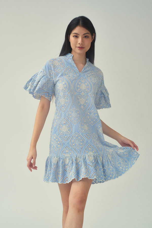 Yi-ming NIKI 多層褶落肩袖開領裙(藍色)