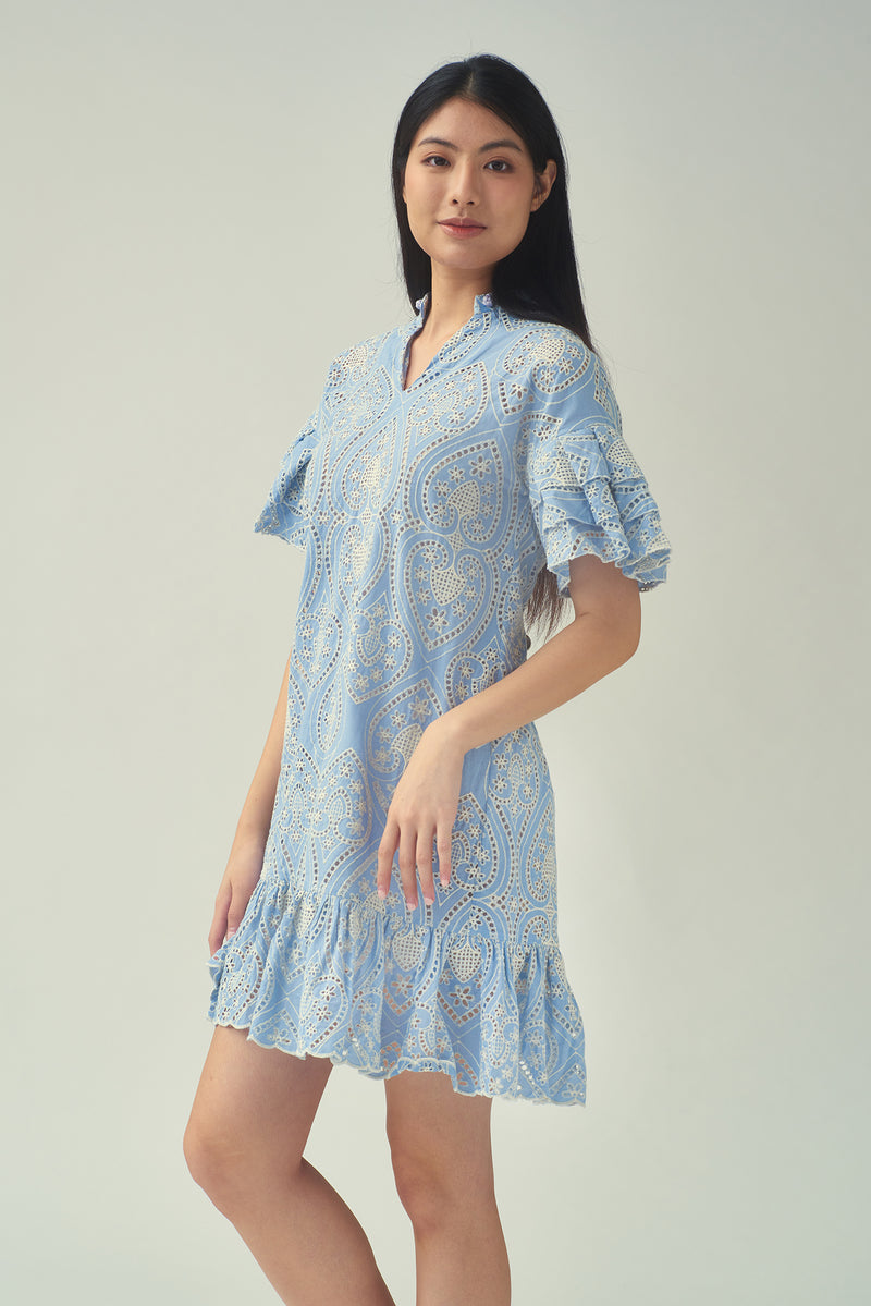 Yi-ming NIKI 多層褶落肩袖開領裙(藍色)