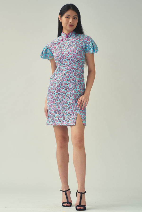 NOEL Layered Drop Slv Contrast Lace Cheongsam (Blue)