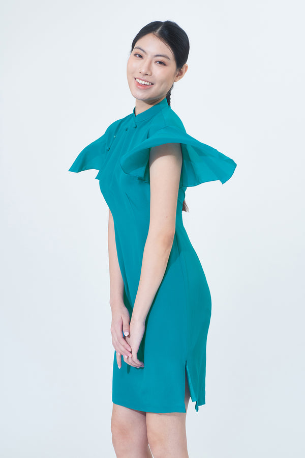 NINA Ruffled Drop Slv Silk Cheongsam (Teal)