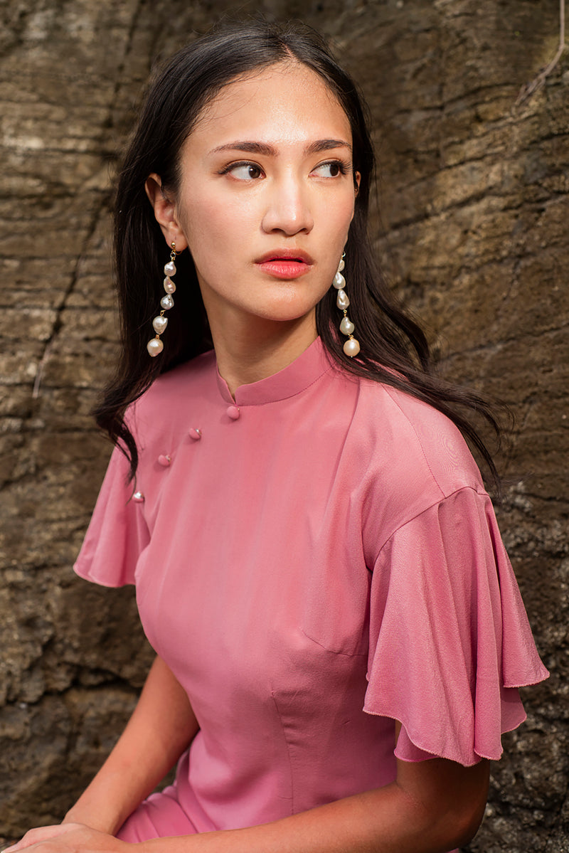 NINA Ruffled Drop Slv Silk Cheongsam (Pink)