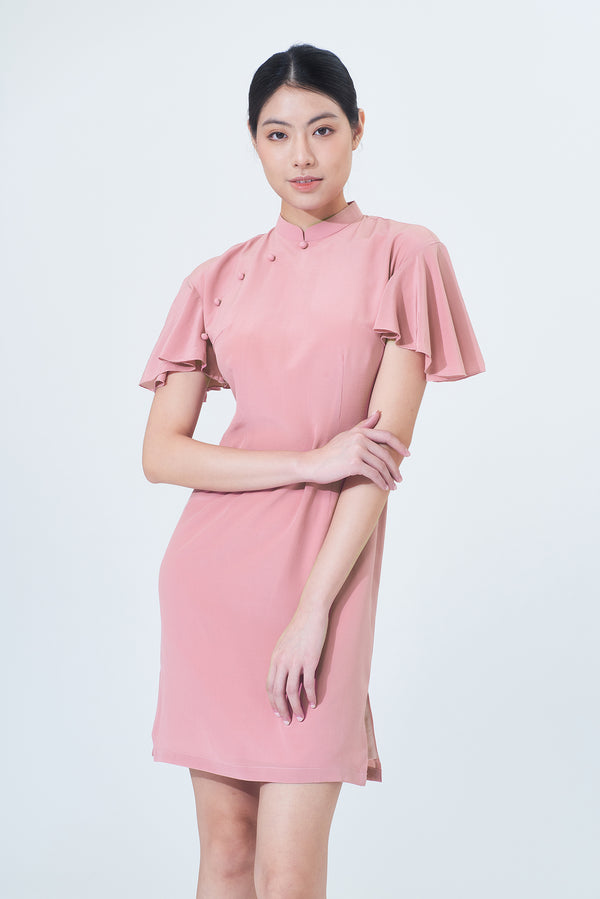 Yi-ming NINA 荷葉落肩袖真絲長衫 (粉紅色)