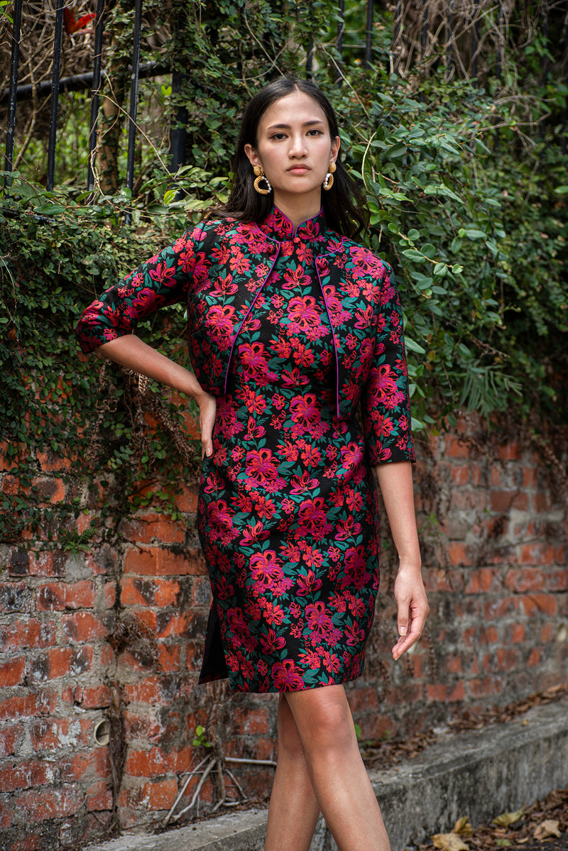PALMER Floral Brocade QRT Slv Cropped Jkt (Magenta)