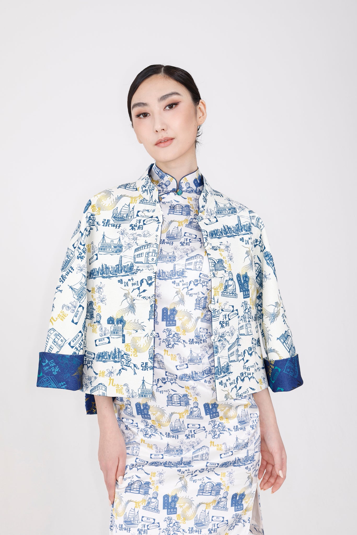 PANDORA 香港印花長衫 (白/藏青)
