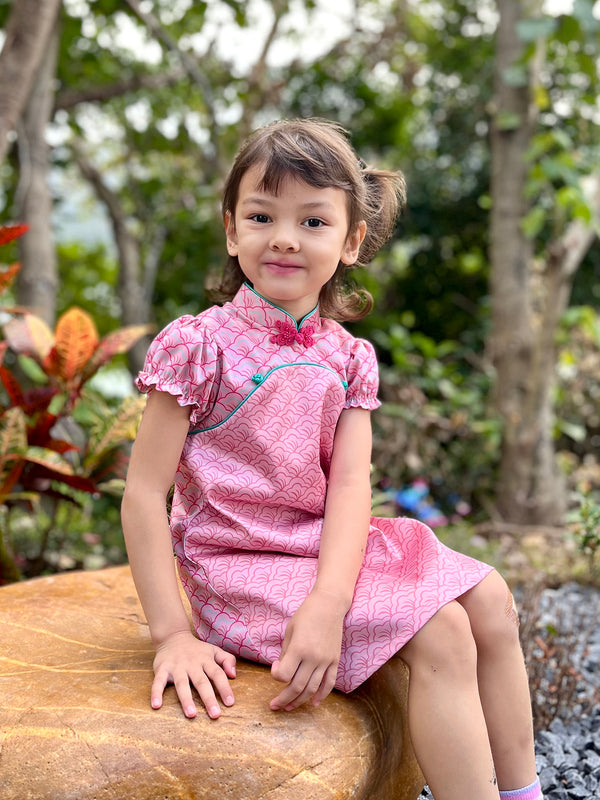 YI-ming 女童 POPPY原創扇形印花色丁長衫 (粉紅色)