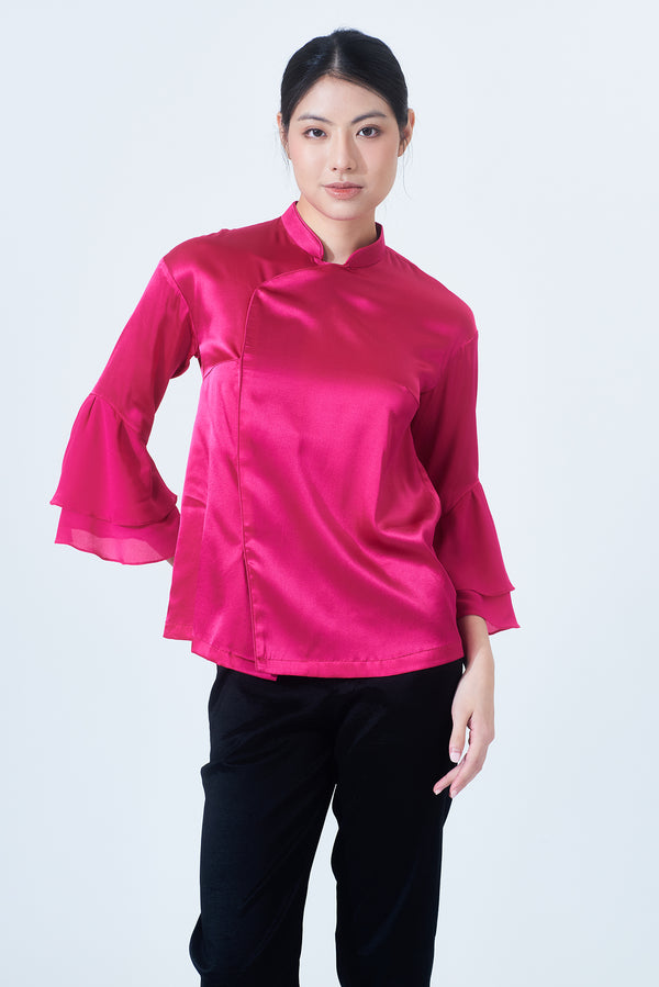 MATILDA Silk Blouse w/ Ruffle QRT Slv (Fuchsia)