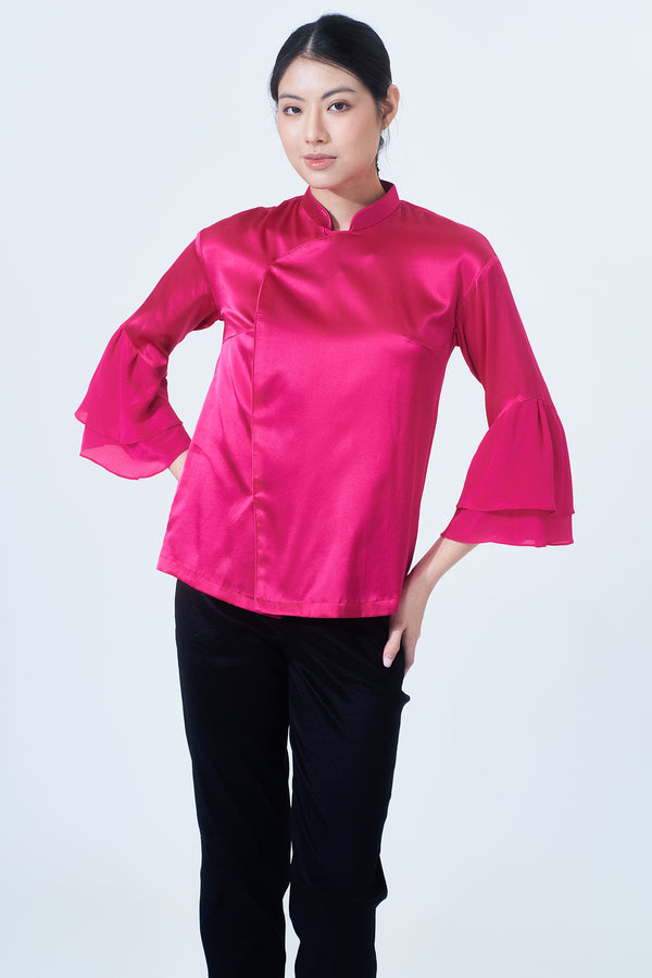 MATILDA Silk Blouse w/ Ruffle QRT Slv (Fuchsia)