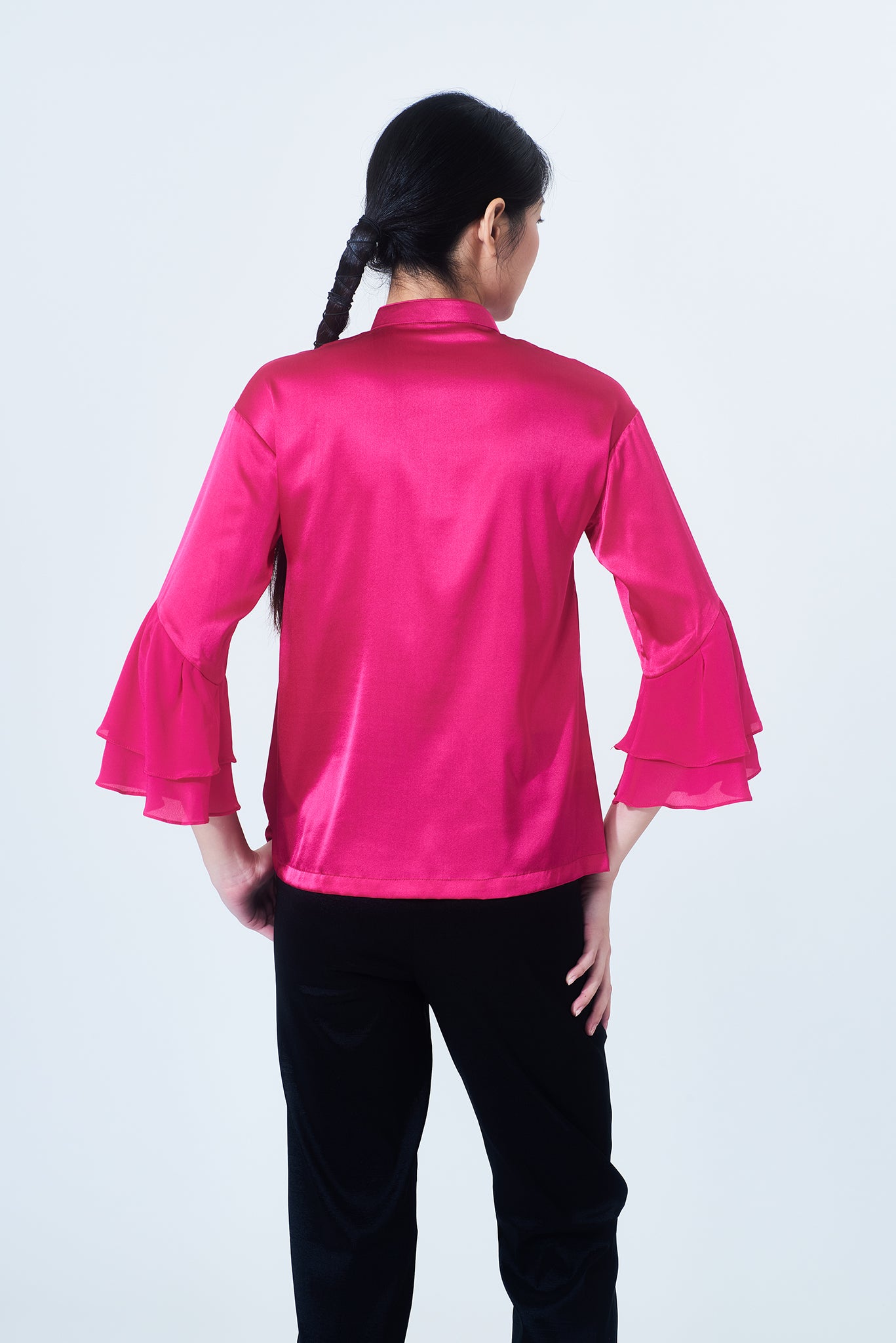 Yi-ming MATILDA 荷葉邊真絲桃紅色襯衫