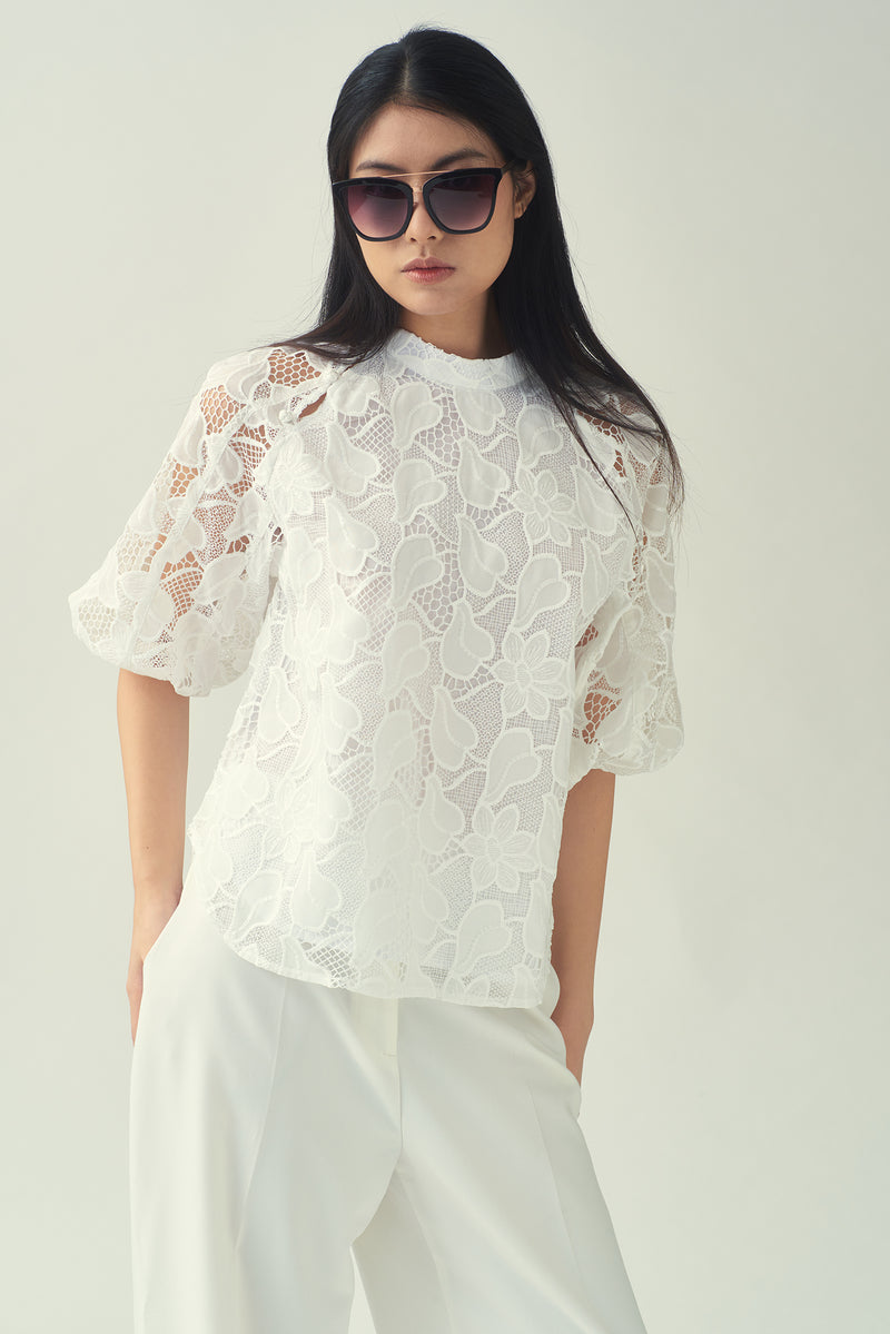 NOVELLA Balloon Sleeve Top (White)