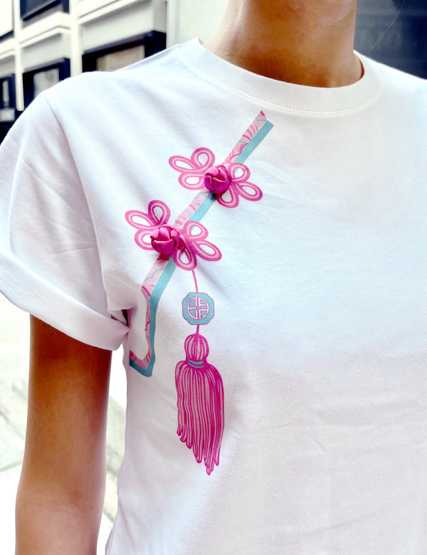 Yi-ming PAULA 中式花鈕及吊穗印花白T恤(粉紅色)