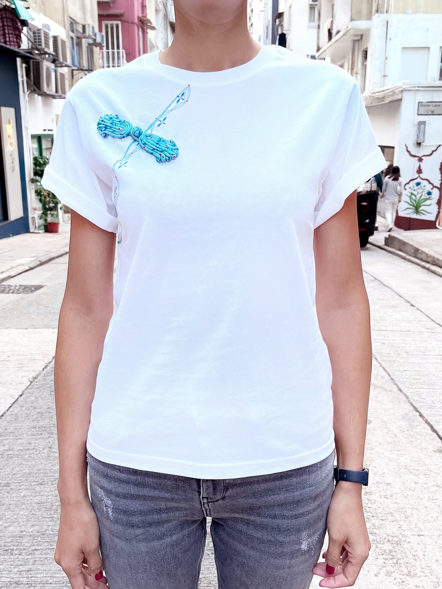 PAULA Print Tee w/ Chinese Fan Button (Blue)