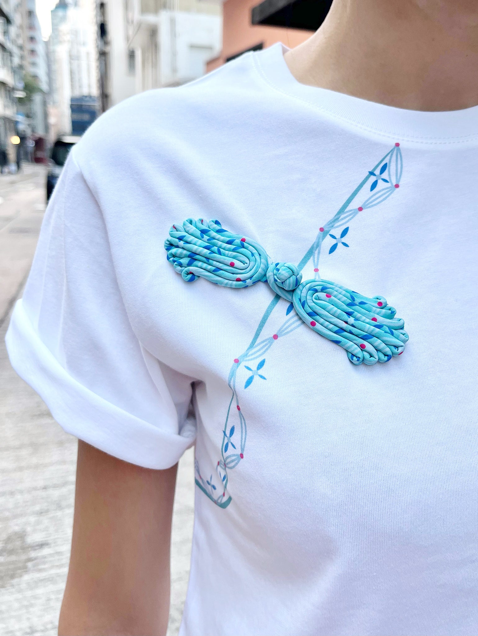 PAULA Print Tee w/ Chinese Fan Button (Blue)