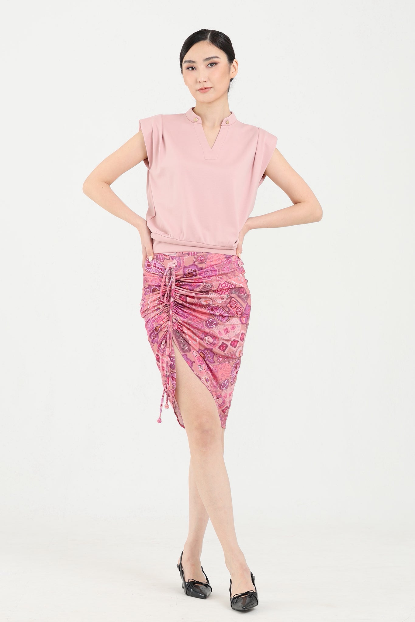 PATTY Canton-slang Print Jersey Drawstring Skirt (Pink)