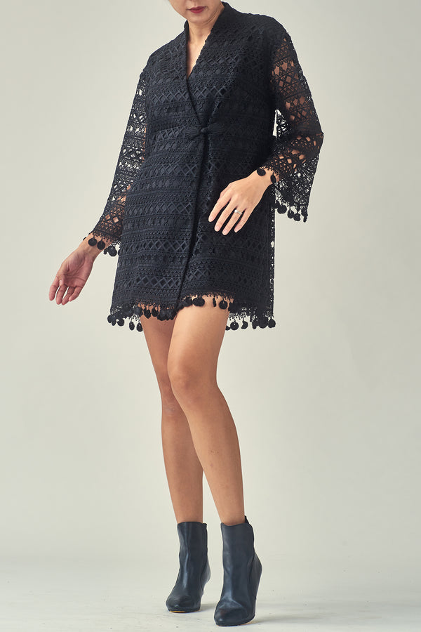 NANCY Aztec Lace Coat (Blk Tassels)