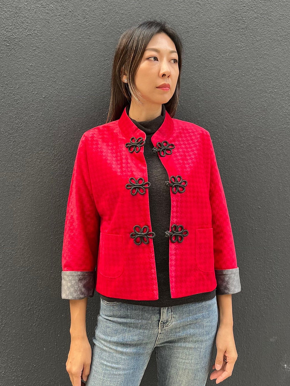 PANSY Houndstooth Vvt Reversible Oriental Jkt (Red & DkGrey)