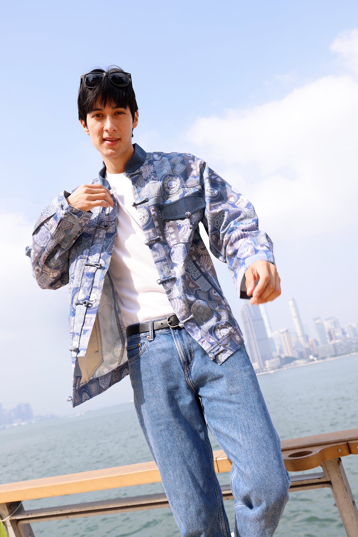 PIERO Mens Canton-slang Print Denim Jacket