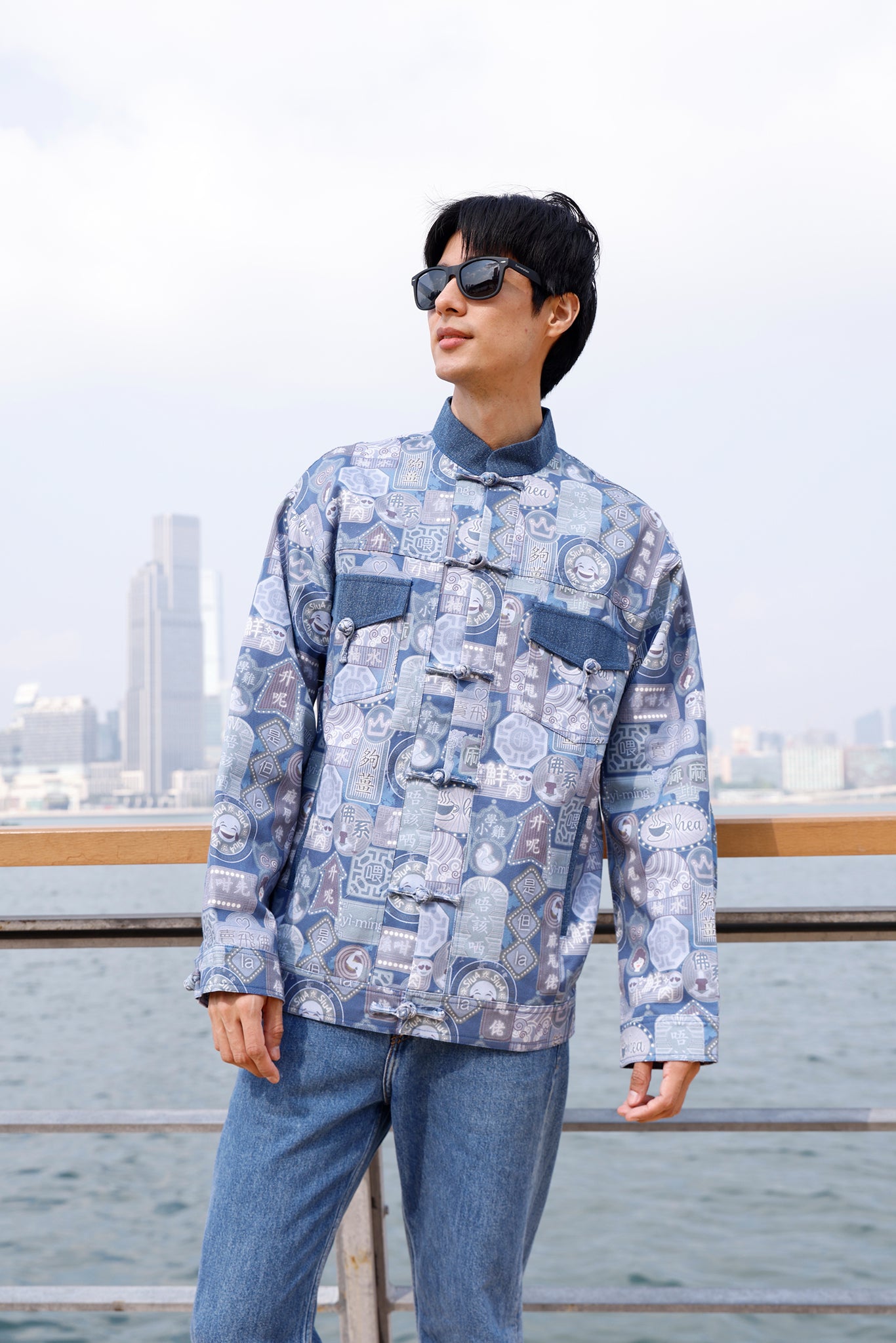 PIERO Mens Canton-slang Print Denim Jacket