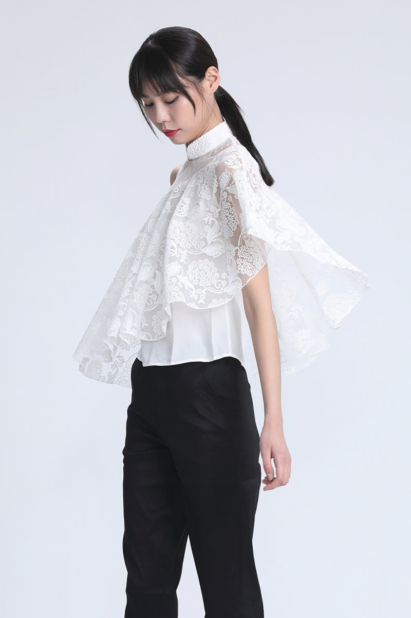 White Embroidered Mesh Drapery Asymmetric Lace Top