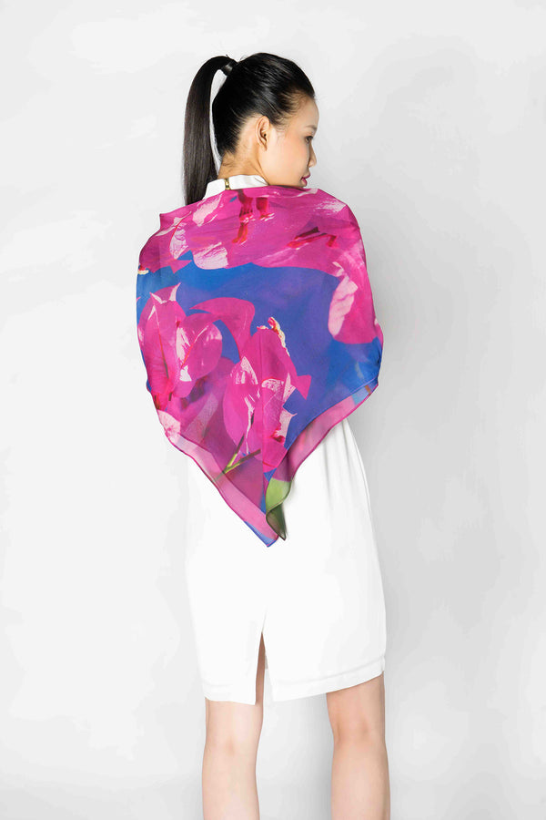 PINK BOUGAINVILLEA AND BLUE SKY PRINT SILK SCARF