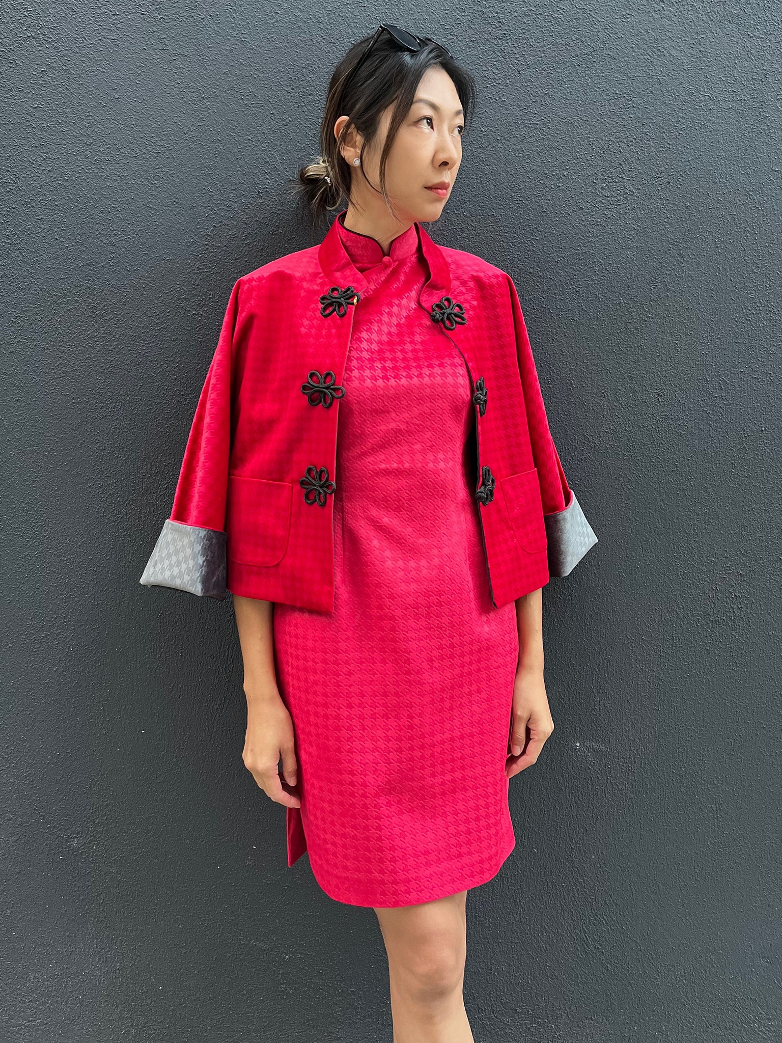 PANSY Houndstooth Vvt Reversible Oriental Jkt (Red & DkGrey)