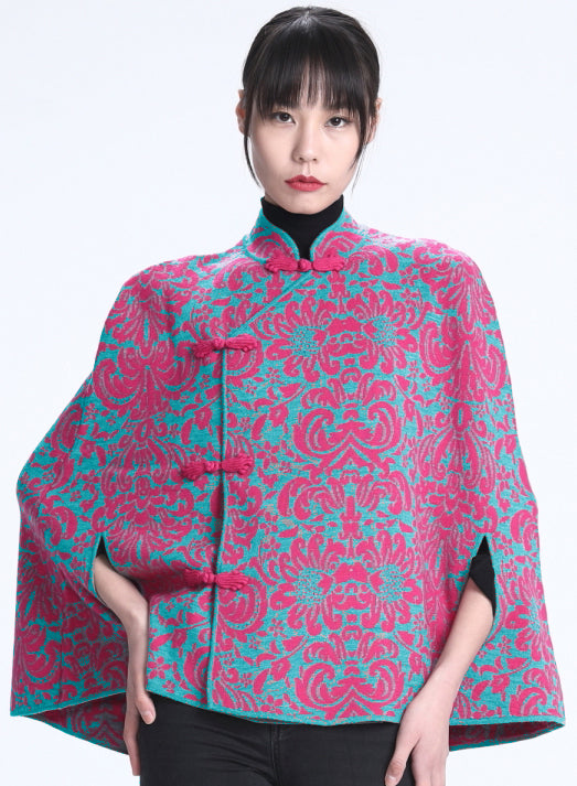 Yi-ming Fuchsia & Turquoise Signature Pattern Long Length Knit Cape