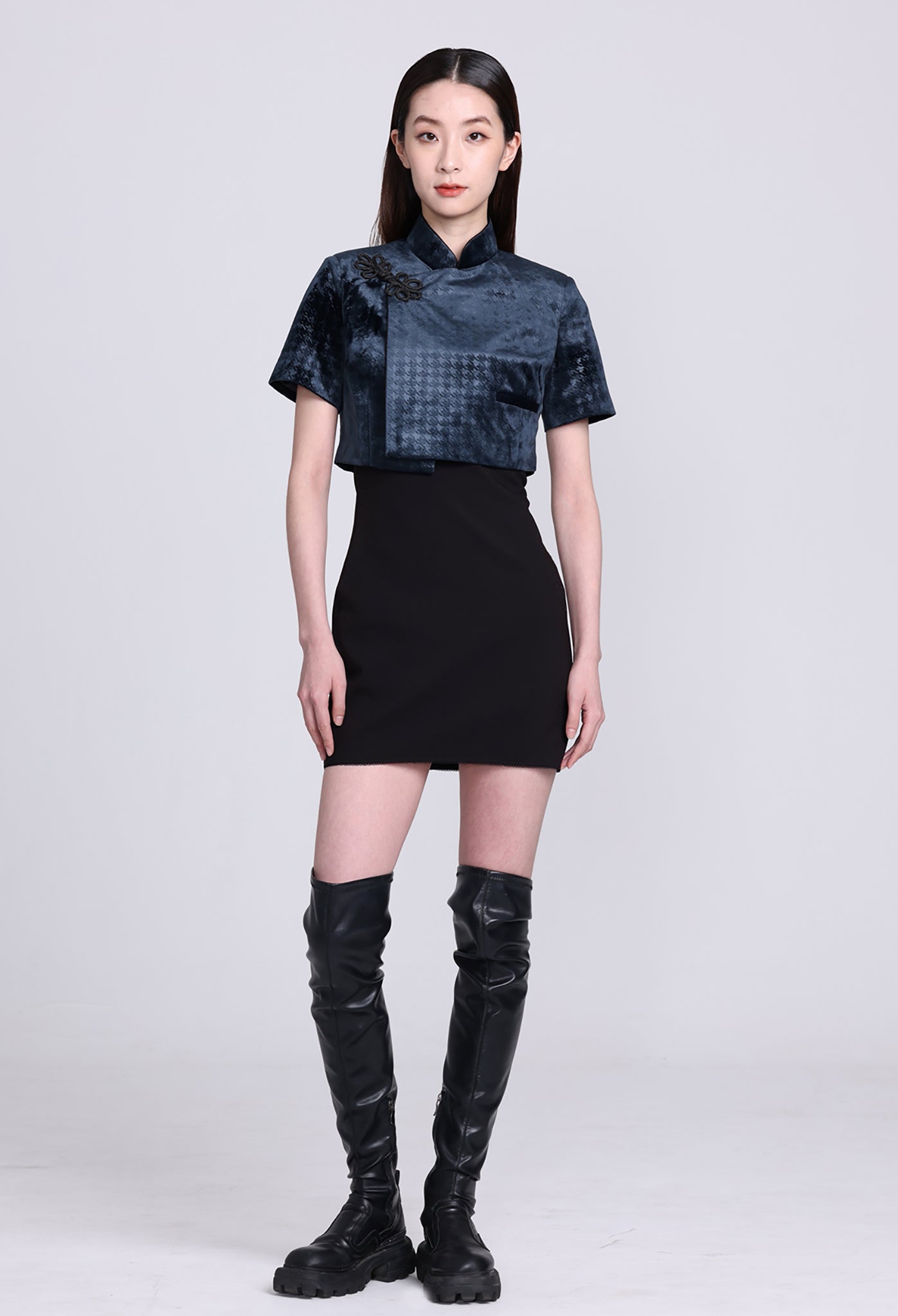 PERLA 千鳥格 Vvt 短袖短版外套（海軍藍）