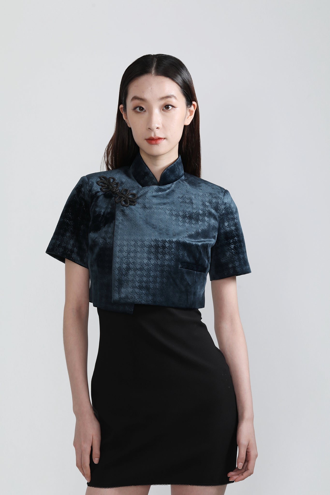 PERLA 千鳥格 Vvt 短袖短版外套（海軍藍）