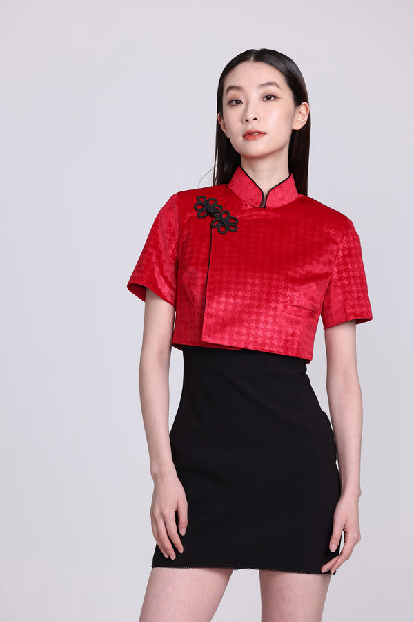Yi-ming PERLA 千鳥格絨短袖短外套 (紅色)