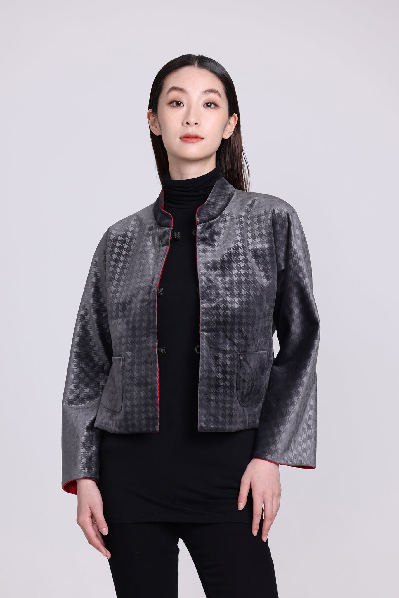 PANSY Houndstooth Vvt Reversible Oriental Jkt (Red & DkGrey)