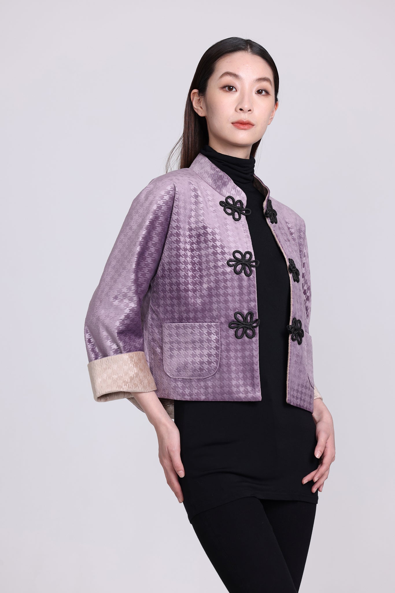 Yi-ming PANSY千鳥格絨雙面中式外套(紫/駝)