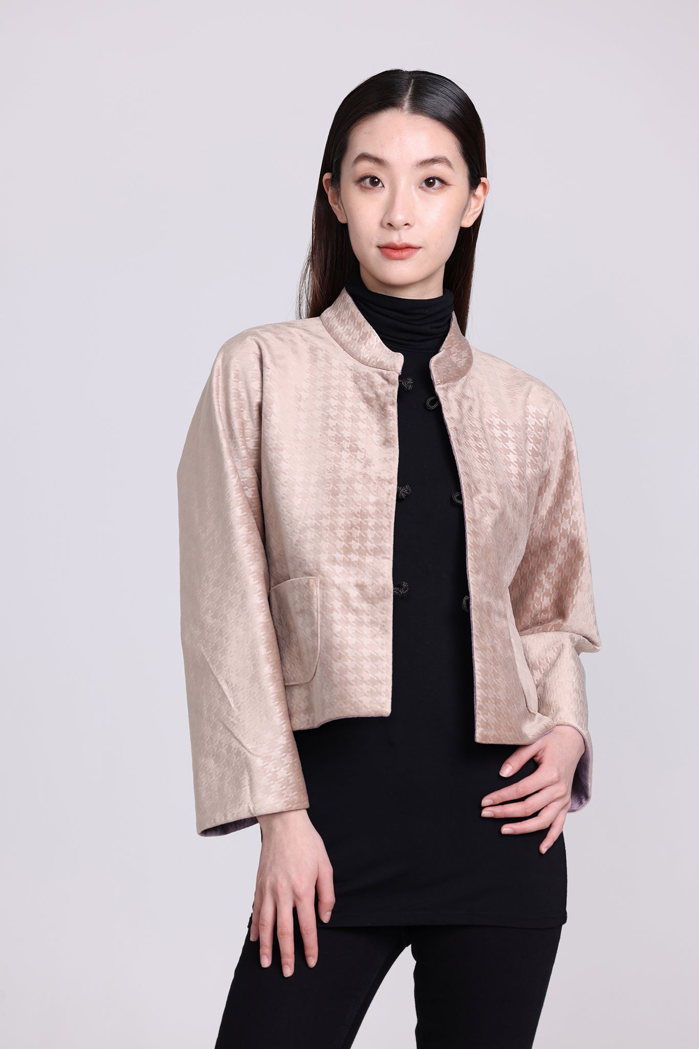 Yi-ming PANSY千鳥格絨雙面中式外套(紫/駝)