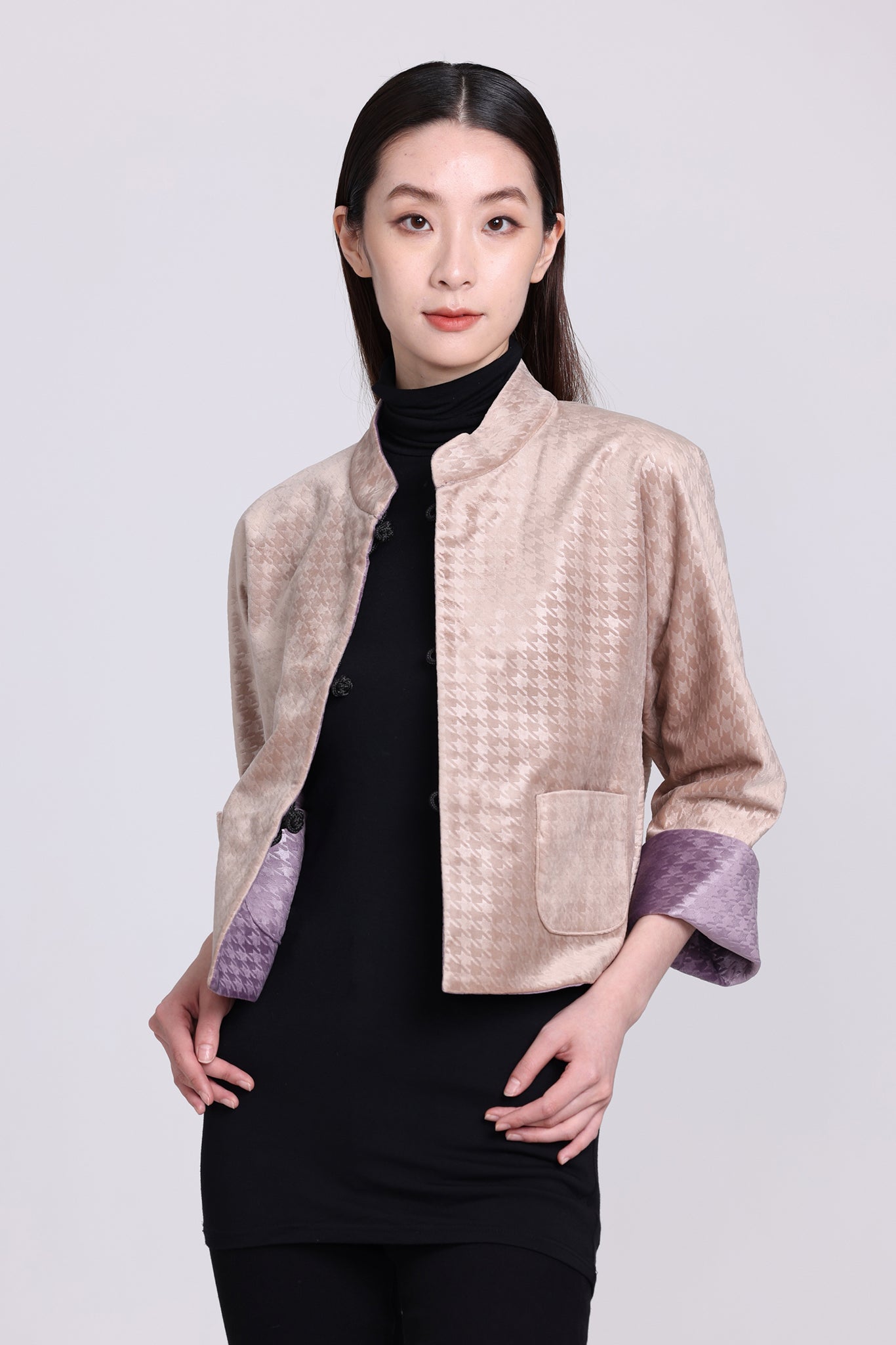 PANSY Houndstooth Vvt Reversible Oriental Jkt (Purple & Camel)