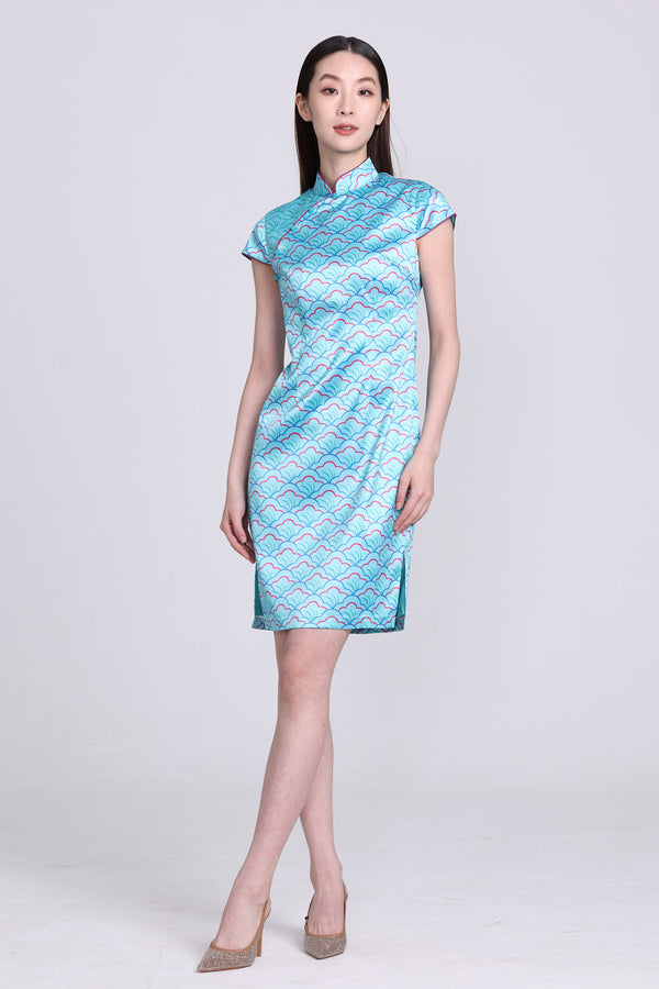 POLLY Fan Print Satin Cheongsam (Aqua)