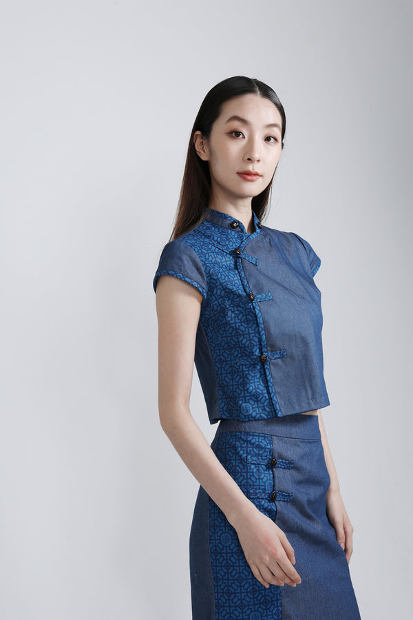 NELLA Denim Cropped Blouse (Navy)