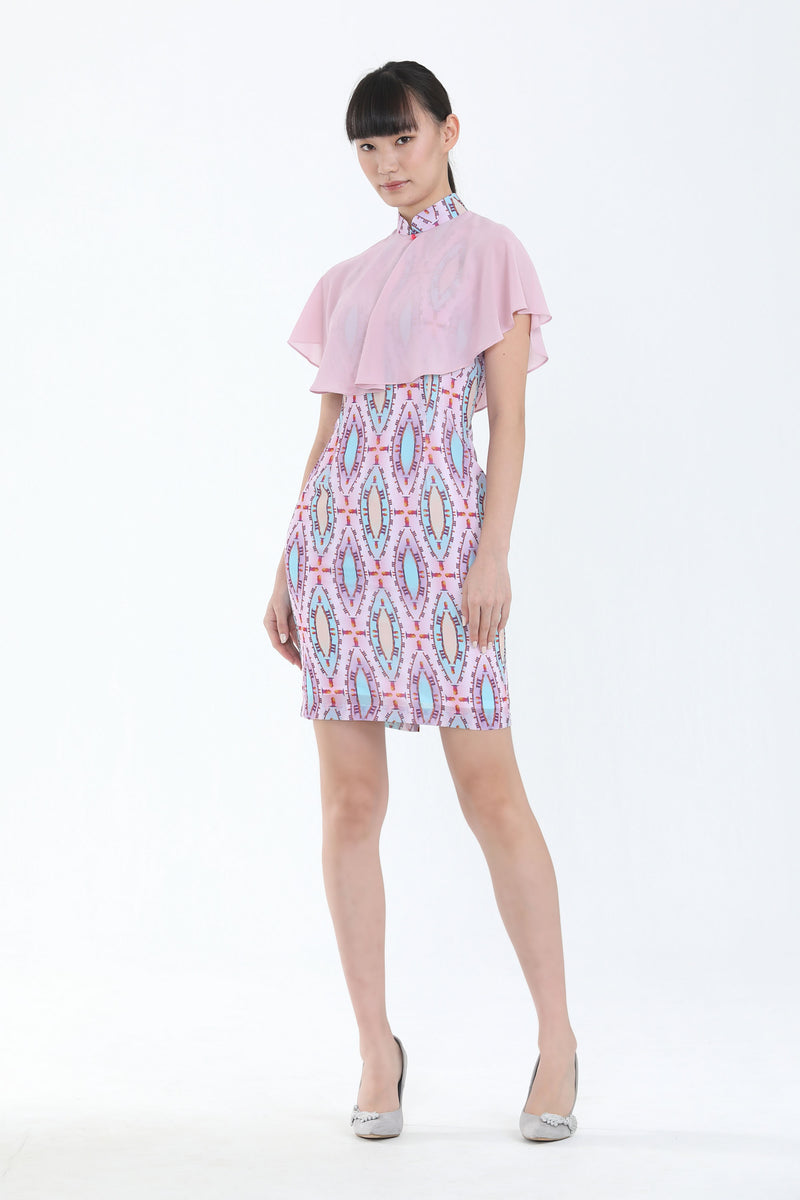 Kate Marina Bay Sands Vertical Print Chiffon Cape Dress (Pink)