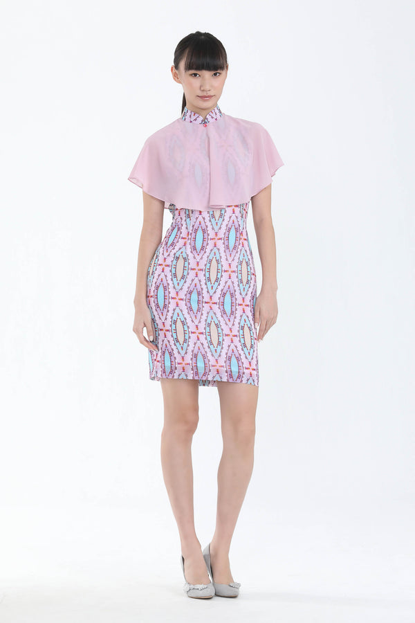 Kate Marina Bay Sands Vertical Print Chiffon Cape Dress (Pink)