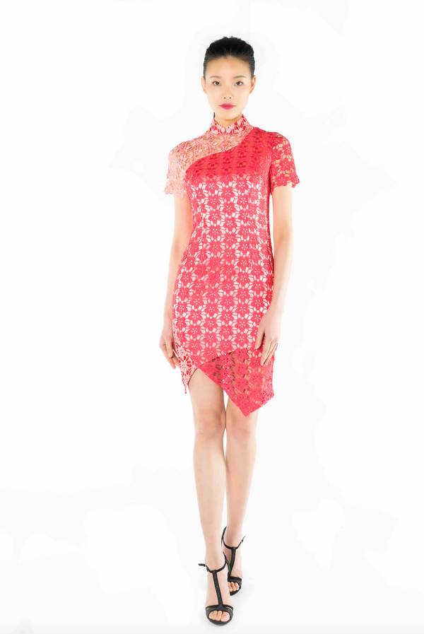 Blush & Red Floral Lace Contrast Short Sleeves Qipao