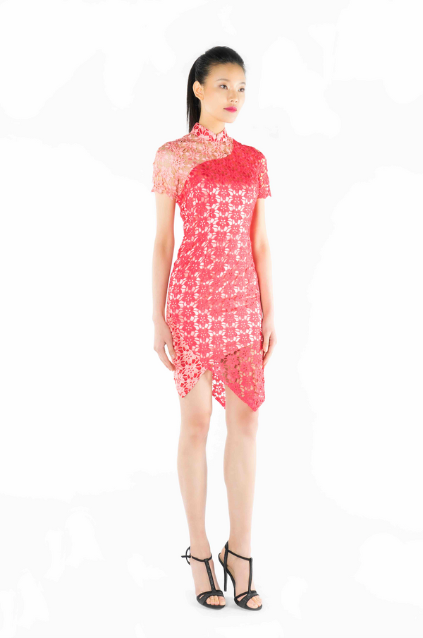 Blush & Red Floral Lace Contrast Short Sleeves Qipao