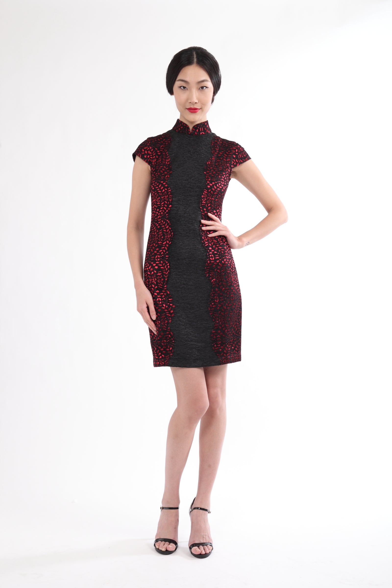 BLACK QIPAO WITH RED LACE SIDE PANEL