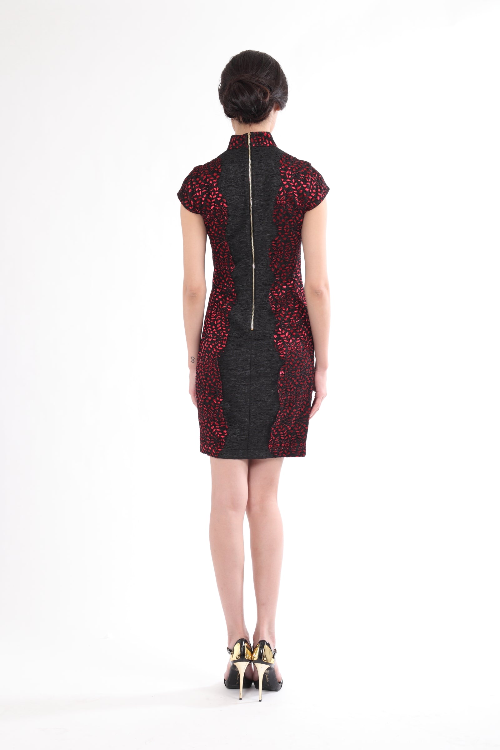 BLACK QIPAO WITH RED LACE SIDE PANEL