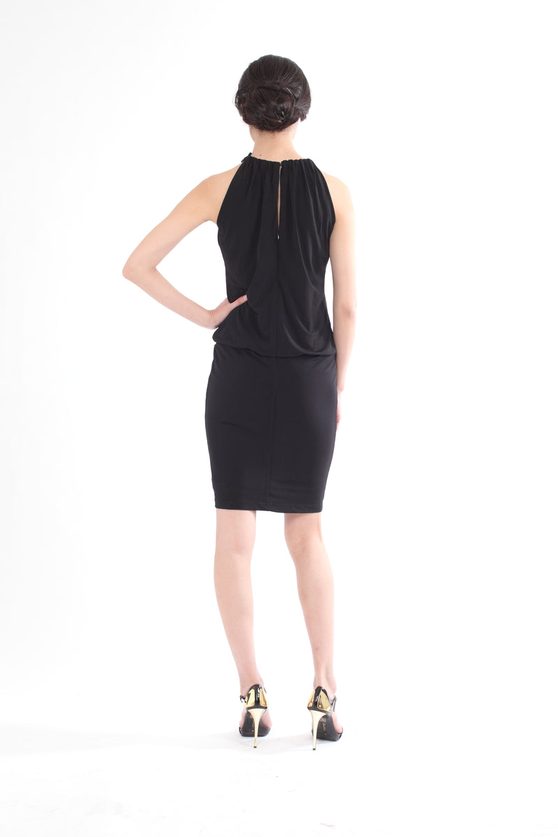 BLACK SLEEVELESS RAGLAN DRESS WITH CHINESE FLORAL KNOTS ON NECKLINE