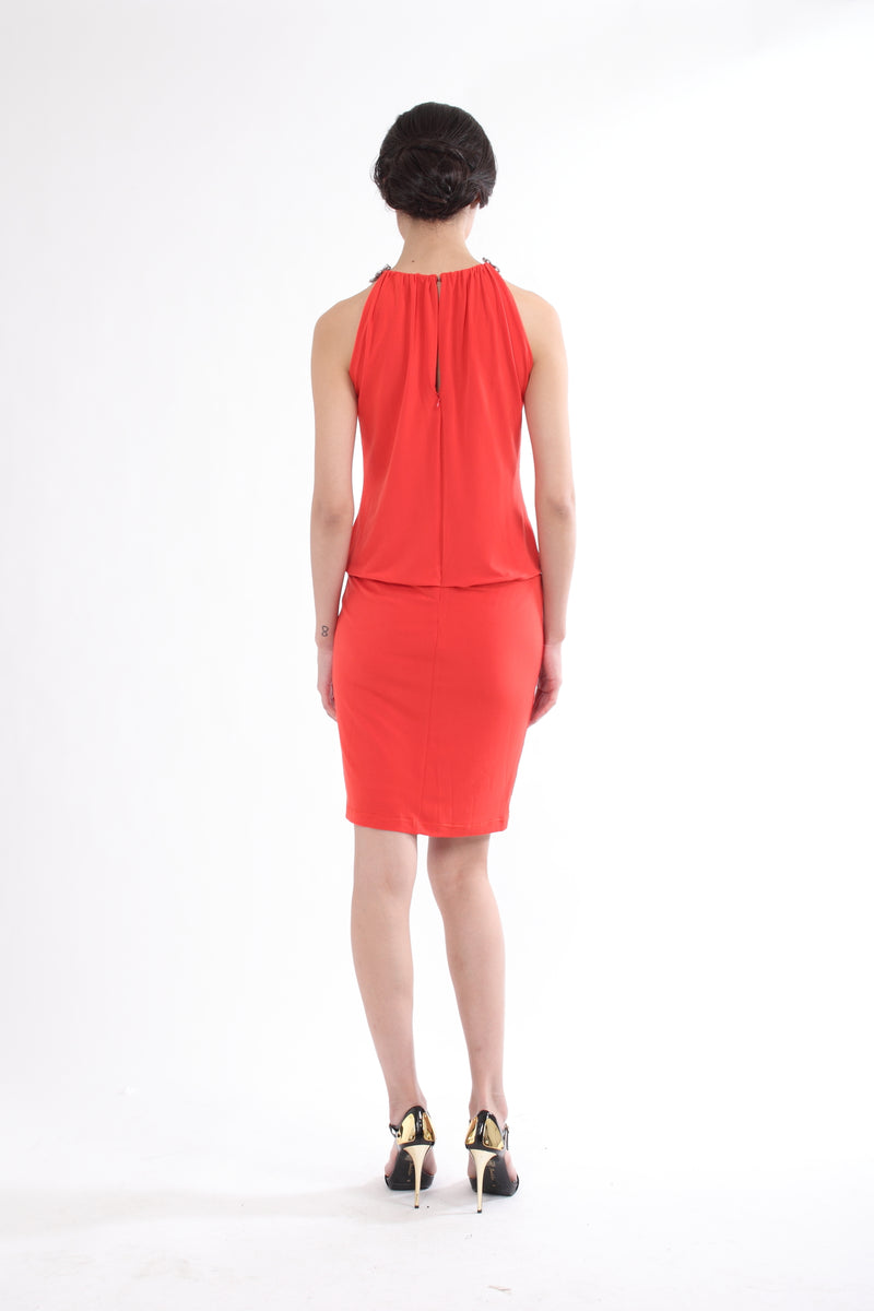 ORANGE SLEEVELESS RAGLAN DRESS WITH CHINESE FLORAL KNOTS ON NECKLINE