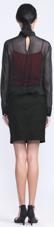 BLACK SILK CHIFFON LONG SLEEVES TOP WITH LAYERED RED DRESS