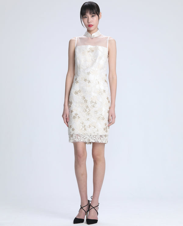 White And Gold Floral Sequin Embroidered Mesh Dress