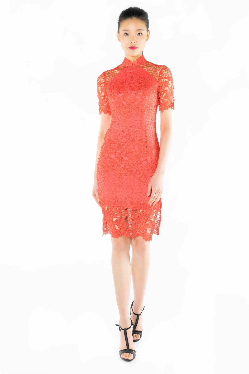 TANGERINE FLORAL LACE QUARTER SLEEVES QIPAO