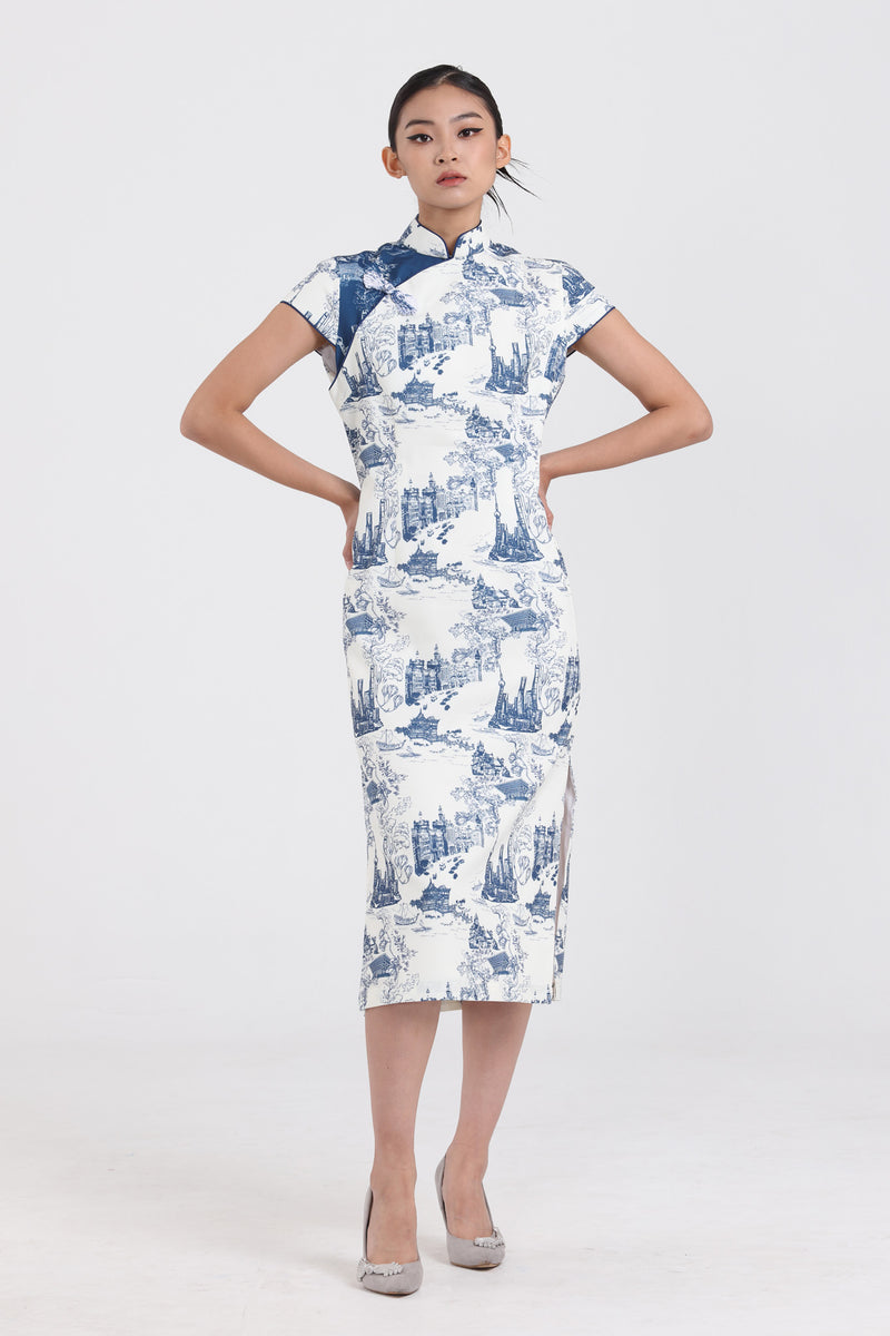 MANDY Shanghai Print Long Cheongsam (White/ Navy)